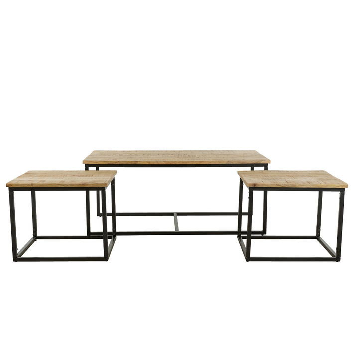QUADRO COFFEE TABLE SET 3ΤΕΜ ΦΥΣΙΚΟ ROUGH ΜΑΥΡΟ 110x60x45