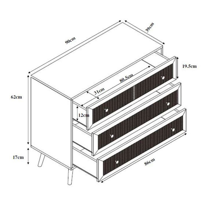 Ammos κομότα 3 συρτάρια φυσικό με rattan 90x39x79cm