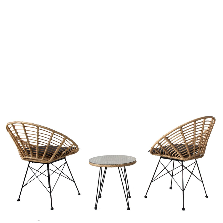 Σετ Τραπεζαρία Κήπου RICHIE Φυσικό/Μαύρο Μέταλλο/Rattan Με 2 Πολυθρόνες