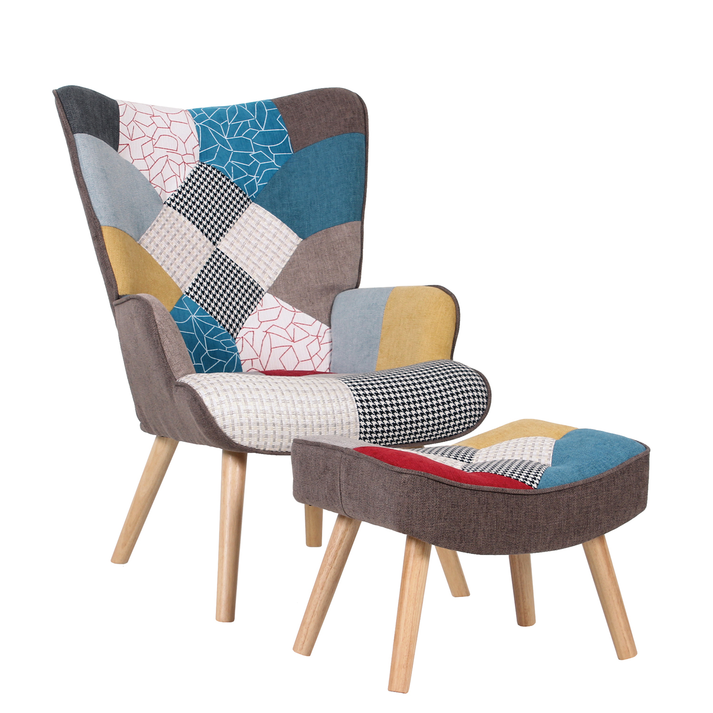 Πολυθρόνα Μπερζέρα Με Υποπόδιο BRIAR Patchwork Ύφασμα/Ξύλο 73x69x96cm