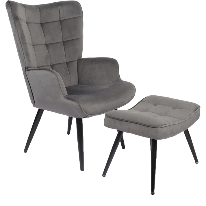 Πολυθρόνα Μπερζέρα Με Υποπόδιο LENNOX Γκρι Βελούδο/Ξύλο 96x68x73cm