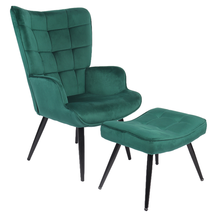 Πολυθρόνα Μπερζέρα Με Υποπόδιο LENNOX Πράσινο Βελούδο/Ξύλο 96x68x73cm