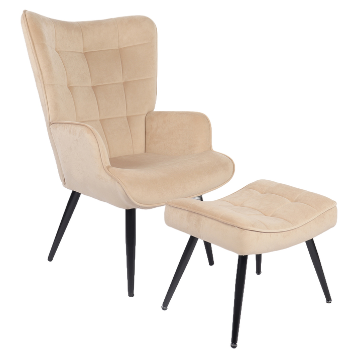 Πολυθρόνα Μπερζέρα Με Υποπόδιο LENNOX Μπεζ Βελούδο/Ξύλο 96x68x73cm