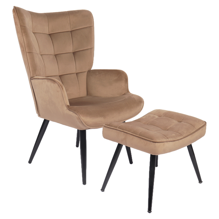 Πολυθρόνα Μπερζέρα Με Υποπόδιο LENNOX Καφέ Βελούδο/Ξύλο 96x68x73cm