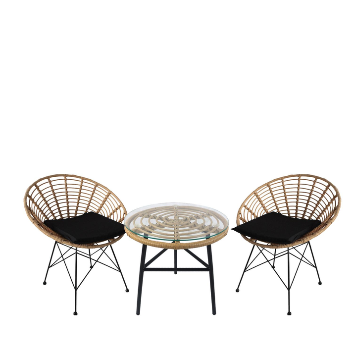 Σετ Τραπεζαρία Κήπου ARELLIUS Φυσικό/Μαύρο Μέταλλο/Rattan/Γυαλί Με 2 Καρέκλες 14990349