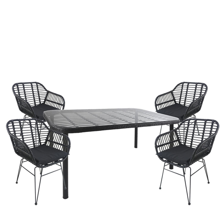 Σετ Τραπεζαρία Κήπου AMPIUS Μαύρο Μέταλλο/Rattan/Γυαλί Με 4 Καρέκλες