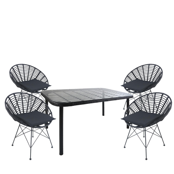Σετ Τραπεζαρία Κήπου AMPLAS Μαύρο Μέταλλο/Rattan/Γυαλί Με 4 Καρέκλες