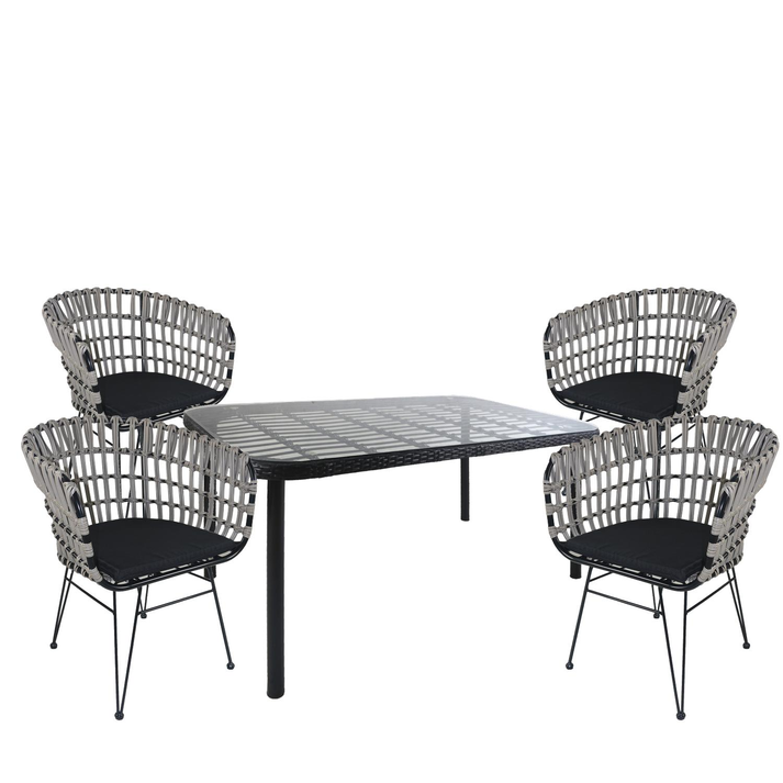 Σετ Τραπεζαρία Κήπου AMPLAS Μαύρο Μέταλλο/Rattan/Γυαλί Με 4 Καρέκλες