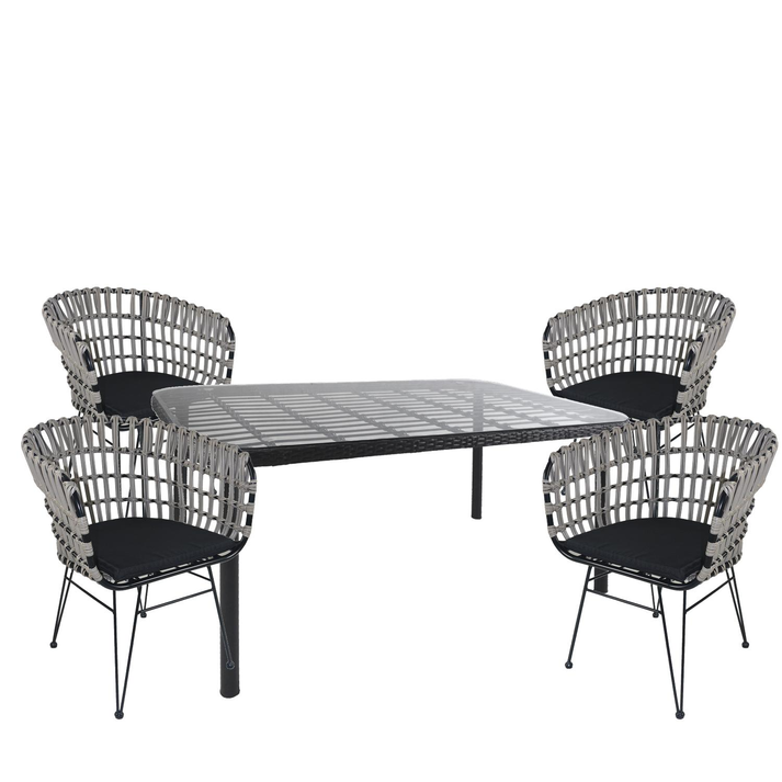 Σετ Τραπεζαρία Κήπου AMPIUS Μαύρο Μέταλλο/Rattan/Γυαλί Με 4 Καρέκλες