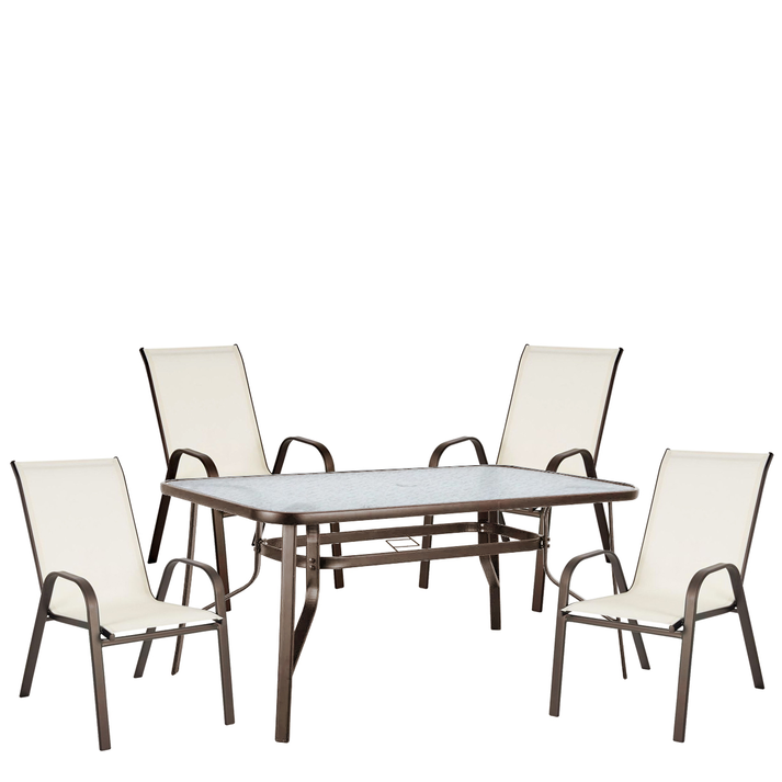 Σετ Τραπεζαρία Κήπου SUN Κρεμ/Καφέ Μέταλλο/Textilene/Γυαλί Με 4 Πολυθρόνες 14990481