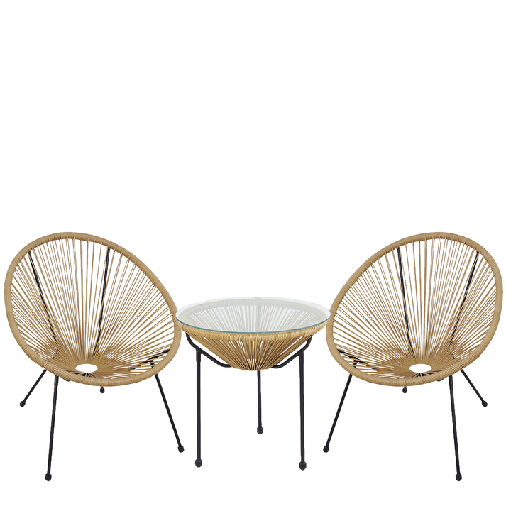 Σετ Τραπεζαρία Κήπου GANYMEDE Φυσικό/Μαύρο Μέταλλο/Rattan/Γυαλί Με 2 Πολυθρόνες