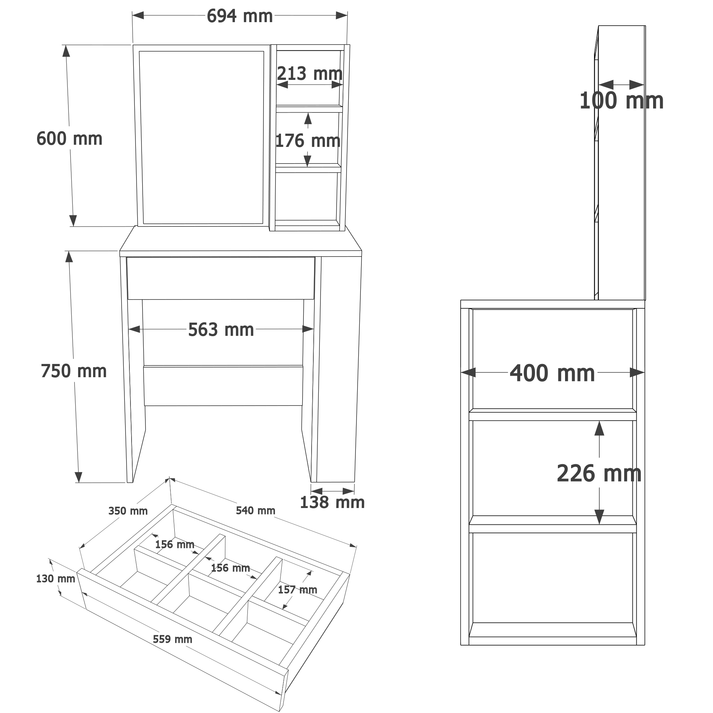 Τουαλέτα Μακιγιάζ GERI Λευκή Μοριοσανίδα 70x40x135 cm