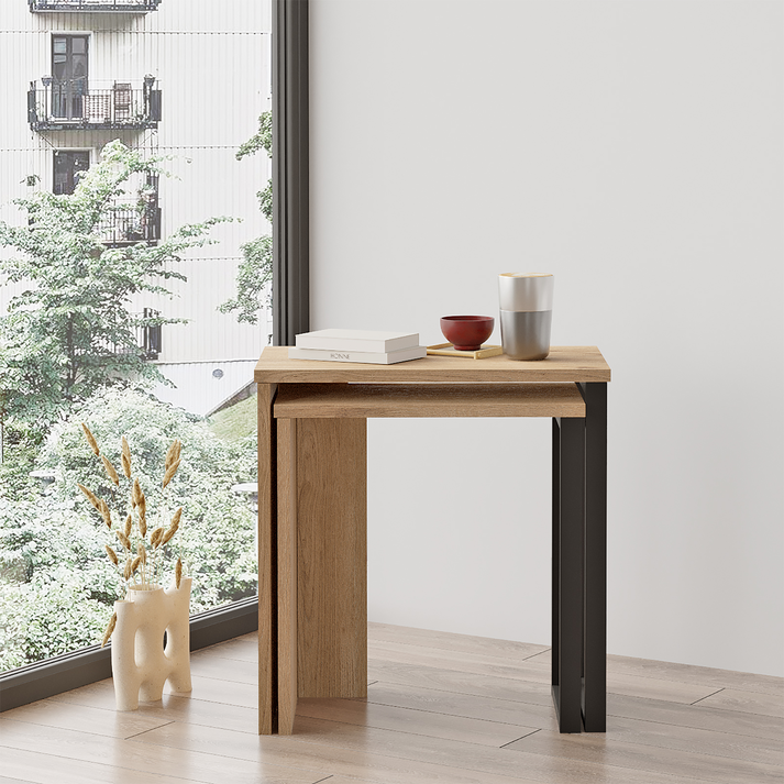 PERCIVAL Side Tables Set of 2 Natural/Black Chipboard/Metal 51x29.5x52.8cm / 44.5x24.5x47.8cm