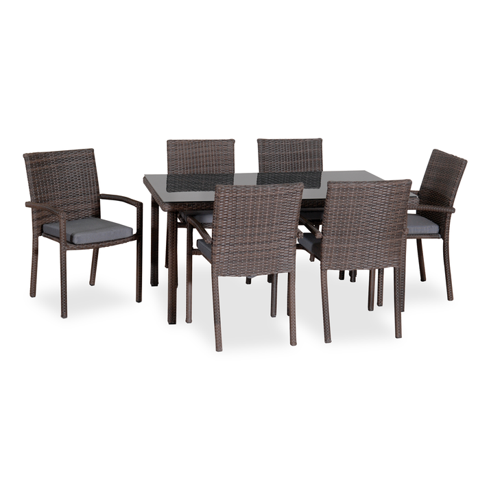 Τραπεζαρία Rattan Με Μεταλλικό Σκελετό 150x90x72cm Σέτ 7 Τεμαχίων