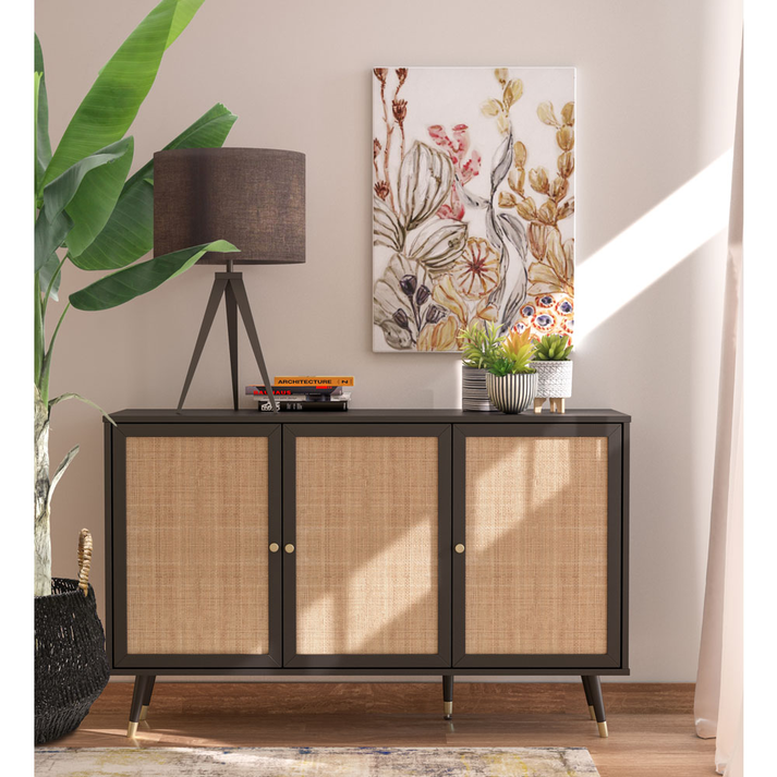 VIENNA ΜΠΟΥΦΕΣ ΜΑΥΡΟ ΜΕ RATTAN 120x39x75.5
