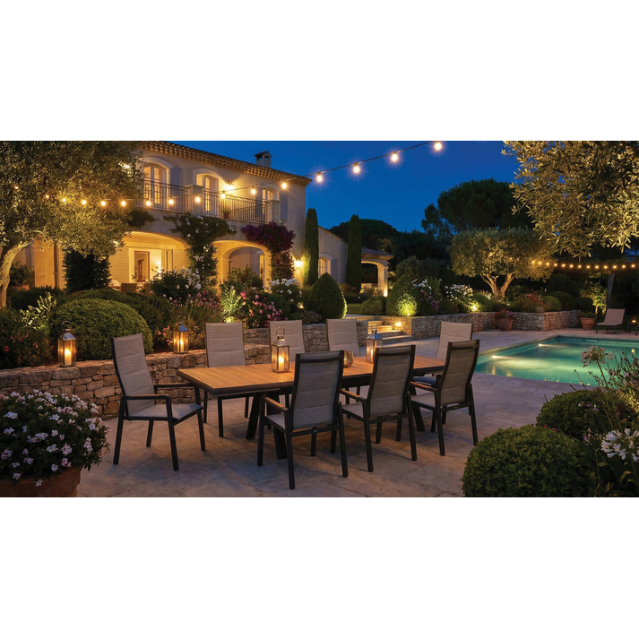 Επεκτεινόμενη Τραπεζαρία Αλουμινίου , Σέτ 9 Τεμαχίων Με Ξύλο Teak Στην Επιφάνεια Και Μηχανισμό Αναδίπλωσης Πλάτης Στις Πολυθρόνες 224/334 x 113,5 x 74,5(h)cm