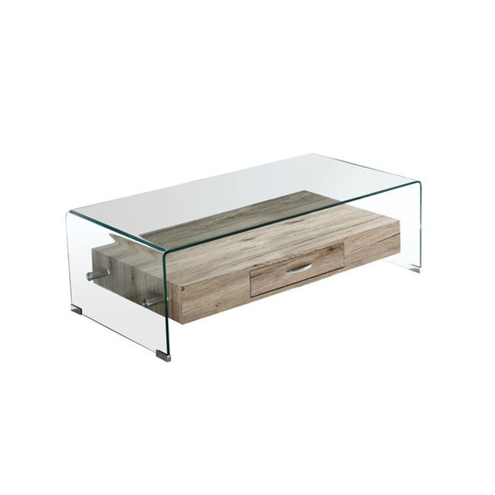 GLASSER Wood Τραπεζάκι Σαλονιού Γυαλί 12mm - Ράφι με Συρτάρι Απόχρωση Δρυς