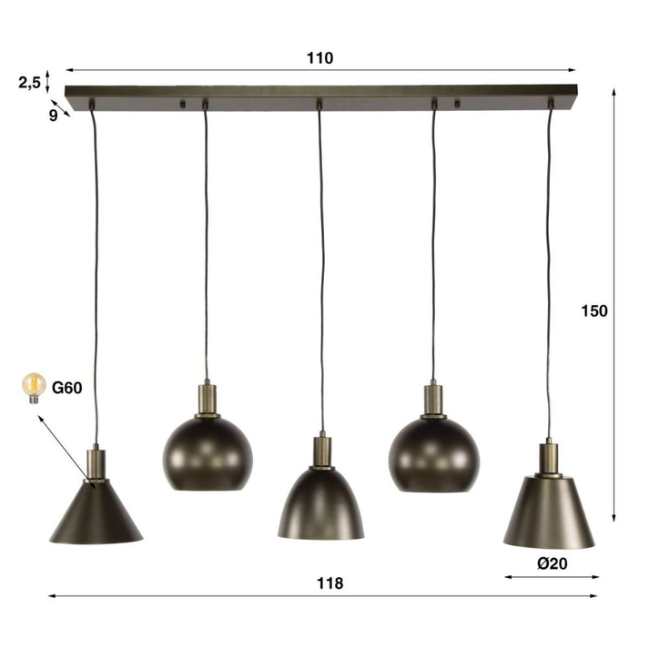 Metallo Φωτιστικό Οροφής 5 φώτα 110x5x150 cm