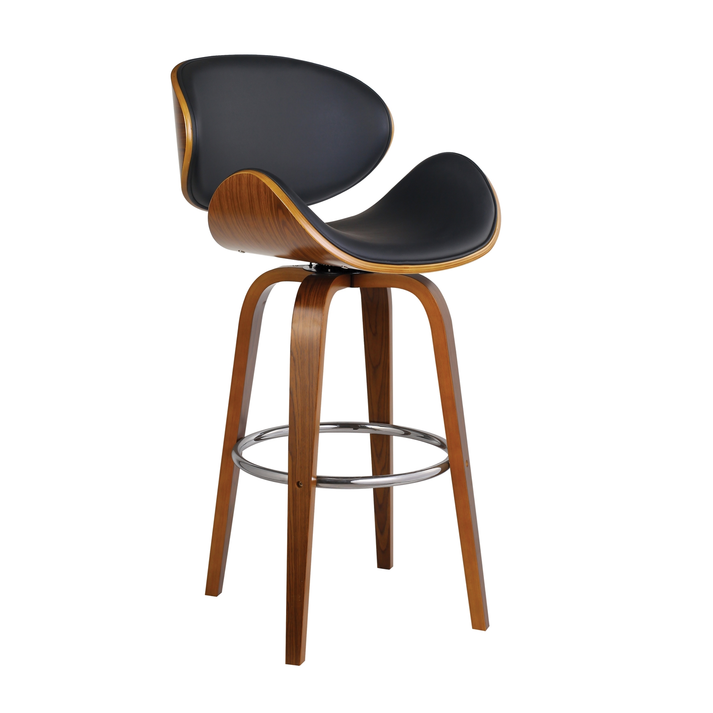 GOMEZ Σκαμπό BAR με Πλάτη, Απόχρωση Καρυδί, PU Μαύρο Περιστρεφόμενο