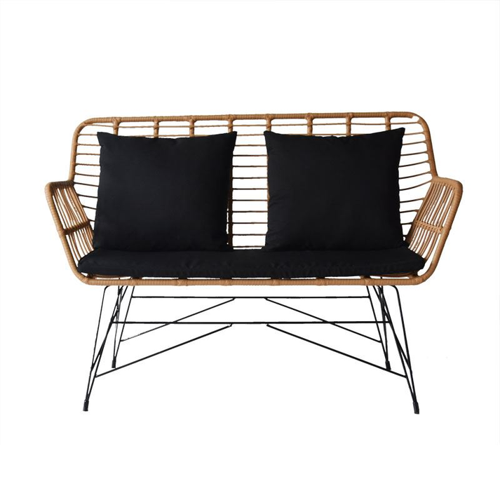 SALSA MAX Living Καναπές Κήπου 2Θέσιος, Μέταλλο Βαφή Μαύρο, Wicker Φυσικό, Μαξιλάρια Μαύρο