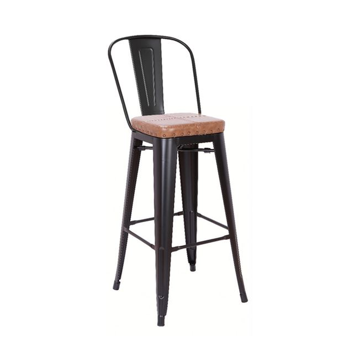 RELIX Σκαμπό Bar-Pro με Πλάτη, Μέταλλο Βαφή Μαύρο Matte, Pu Camel