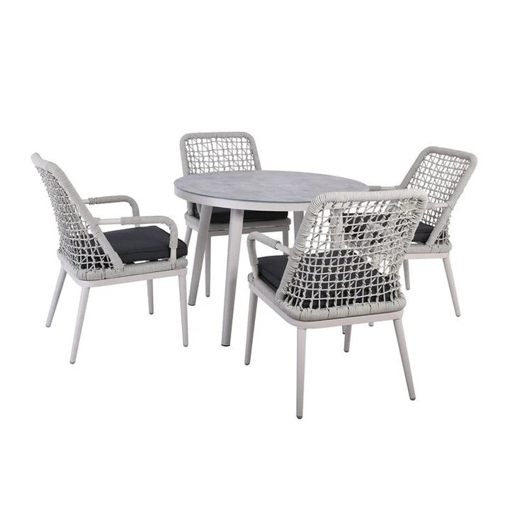CENTRAL Set Τραπεζαρία Κήπου ALU & Rope Grey-Μαξιλ.Ανθρακί: Τραπέζι Φ100cm + 4 Πολυθρόνες