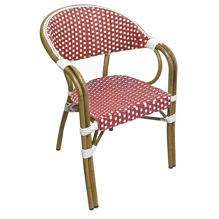 PARIS Πολυθρόνα Bistro Αλουμίνιο Φυσικό, Wicker Άσπρο - Κόκκινο, Στοιβαζόμενη