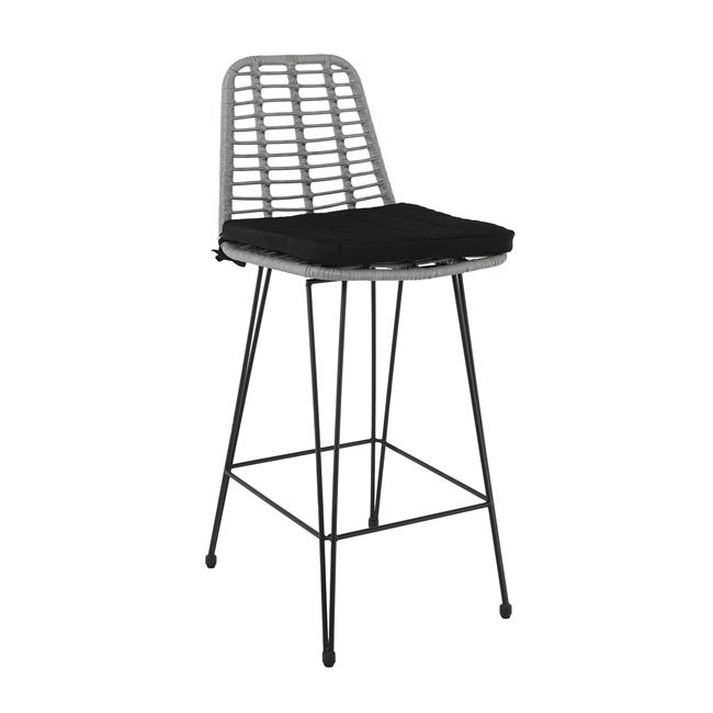 SALSA Σκαμπό BAR-Pro με Πλάτη, Μέταλλο Βαφή Μαύρο - Wicker Γκρι, με Μαξιλάρι Μαύρο