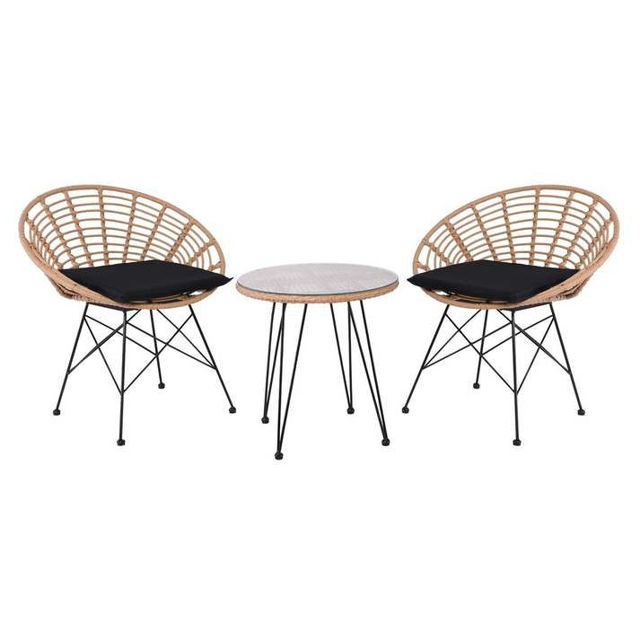 SALSA Coral Coffee Set Κήπου Μέταλλο Μαύρο - Γυαλί - Wicker Φυσικό: Τραπεζάκι+2 Πολυθρόνες
