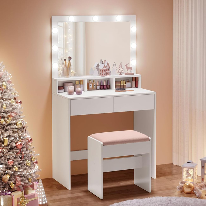 LUCY Set Τουαλέτα με Σκαμπό, Απόχρωση Άσπρο, Καθρέπτης LED & θύρα USB