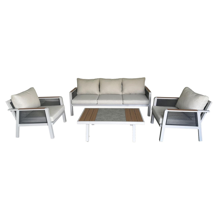 TORO Set Σαλόνι Κήπου 4τεμ, Alu Άσπρο, Rope Wicker Ανθρακί , Polywood Φυσικό, Μαξ.Εκρού