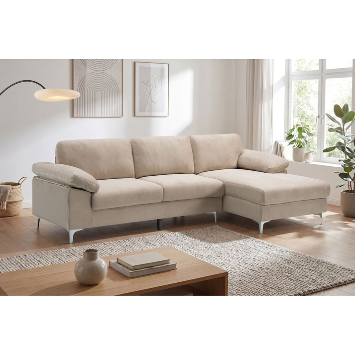 ALEX Καναπές Σαλονιού Καθιστικού Αριστερή Γωνία, Ύφασμα Μπεζ Velure