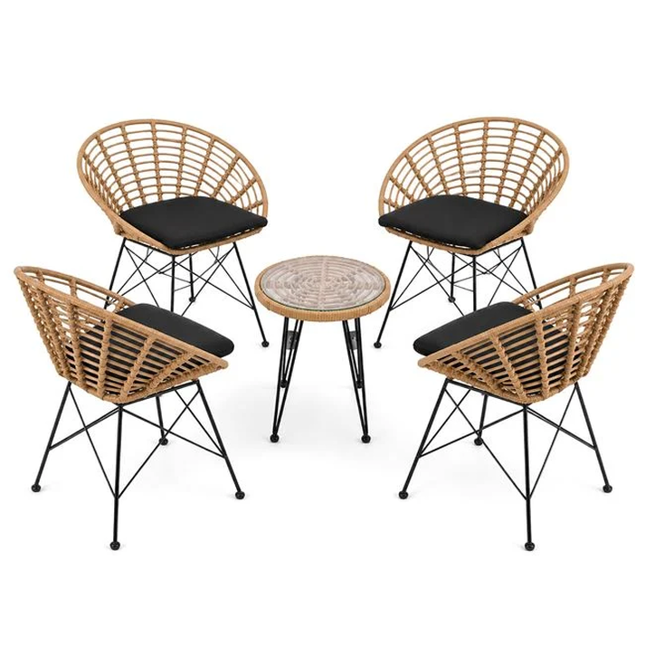 SALSA Coral Coffee Set Κήπου Μέταλλο Μαύρο - Γυαλί - Wicker Φυσικό: Τραπεζάκι+4 Πολυθρόνες