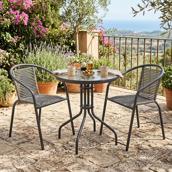 MIKA Set Κήπου - Βεράντας: Τραπέζι + 2 Πολυθρόνες Μέταλλο Βαφή Ανθρακί, PE Rattan Γκρι