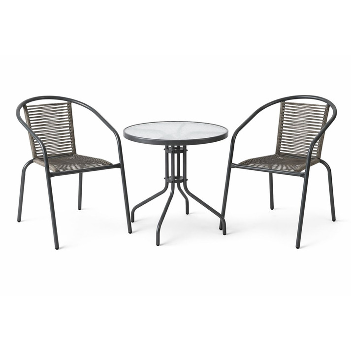 MIKA Set Κήπου - Βεράντας: Τραπέζι + 2 Πολυθρόνες Μέταλλο Βαφή Ανθρακί, PE Rattan Γκρι