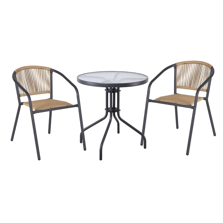 PATTY Set Κήπου - Βεράντας: Τραπέζι + 2 Πολυθρόνες Μέταλλο Βαφή Ανθρακί, PE Rattan Φυσικό