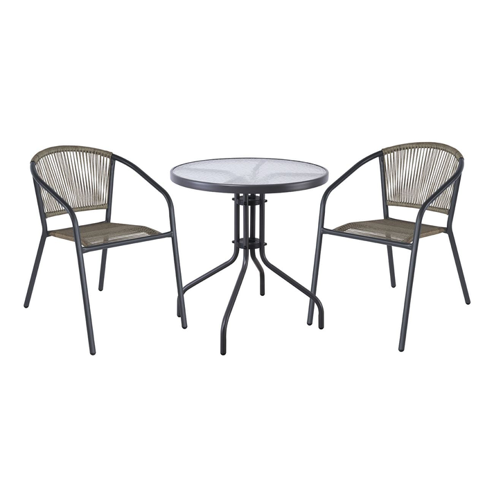 PATTY Set Κήπου - Βεράντας: Τραπέζι + 2 Πολυθρόνες Μέταλλο Βαφή Ανθρακί, PE Rattan Γκρι