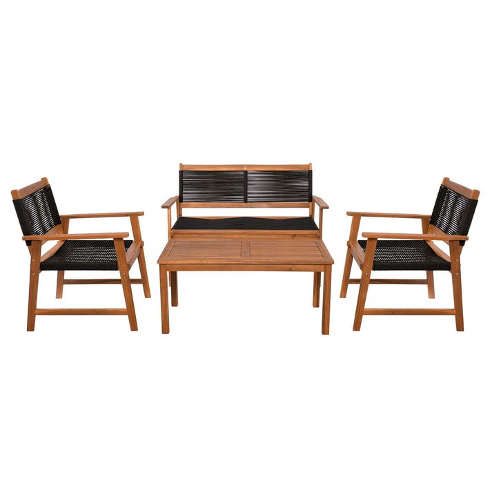 SPRING Set Σαλόνι Κήπου Ακακία Φυσικό, Wicker Μαύρο: Τραπέζι + Καναπέ 2Θέσιο + 2 Πολυθρόνες