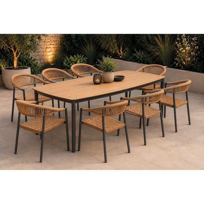 DENVER-MADISON Set Τραπεζαρία: 8 Πολυθρόνες + Τραπέζι, Alu Γκρι Polywood & Wicker Φυσικό