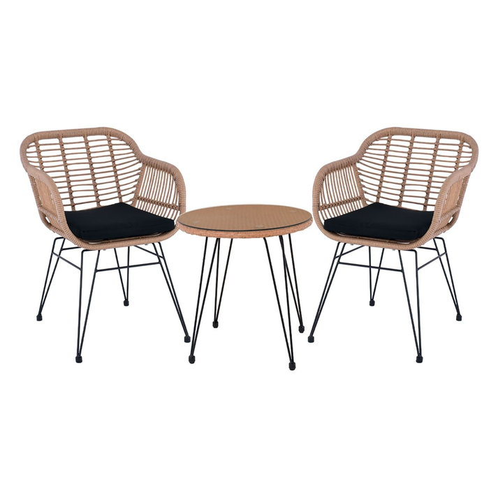 SALSA Set Κήπου: Τραπέζι + 2 Πολυθρόνες Μέταλλο Μαύρο, Wicker Φυσικό, Μαξιλάρι Μαύρο