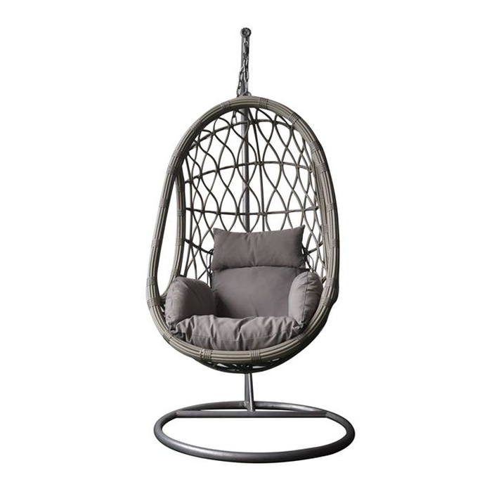 MACAN Κρεμαστή Πολυθρόνα, Wicker Grey, Μέταλλο Βαφή Γκρι, Μαξιλάρι Cappuccino