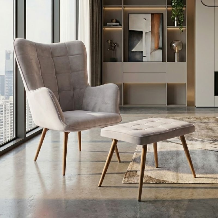 Πολυθρόνα - Μπερζέρα με υποπόδιο Lily μπεζ βελούδο - μεταλλικό πόδι χρώμα φυσικό 70x62x98εκ.