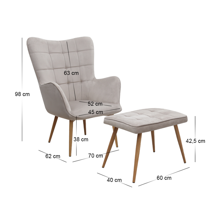 Πολυθρόνα - Μπερζέρα με υποπόδιο Lily μπεζ βελούδο - μεταλλικό πόδι χρώμα φυσικό 70x62x98εκ.