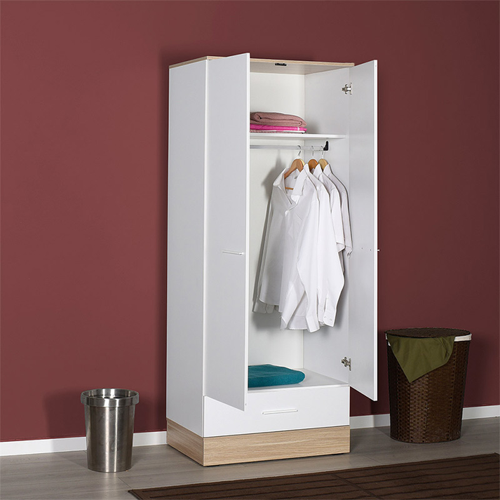 Ντουλάπα ρούχων Base δίφυλλη με συρτάρια χρώμα λευκό - sonoma 80x52x198εκ.