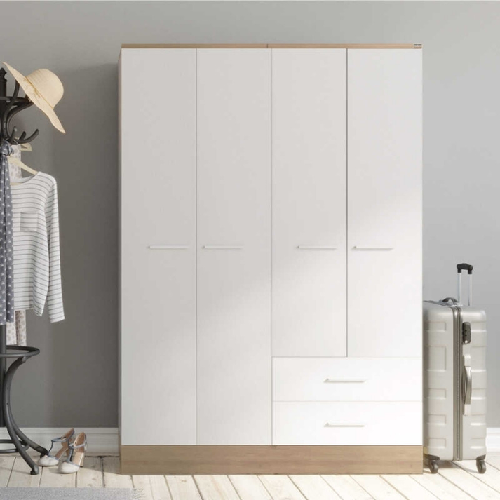 Ντουλάπα ρούχων Base τετράφυλλη με συρτάρια χρώμα λευκό - sonoma 137x52x198εκ.
