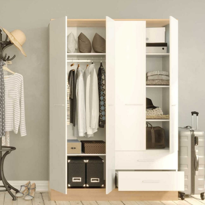 Ντουλάπα ρούχων Base τετράφυλλη με συρτάρια χρώμα λευκό - sonoma 137x52x198εκ.