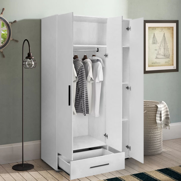 Ντουλάπα ρούχων Bianco τρίφυλλη με συρτάρια χρώμα λευκό 103x52x187εκ.