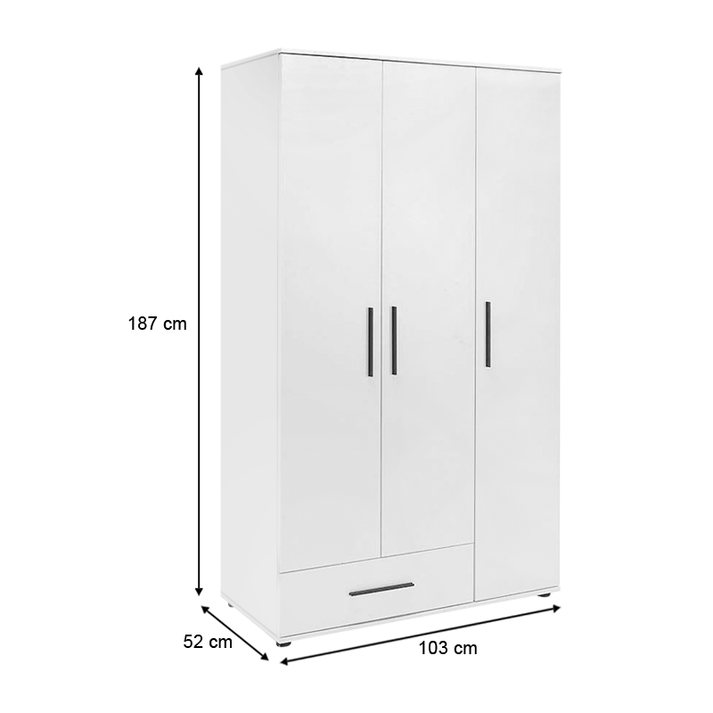 Ντουλάπα ρούχων Bianco τρίφυλλη με συρτάρια χρώμα λευκό 103x52x187εκ.