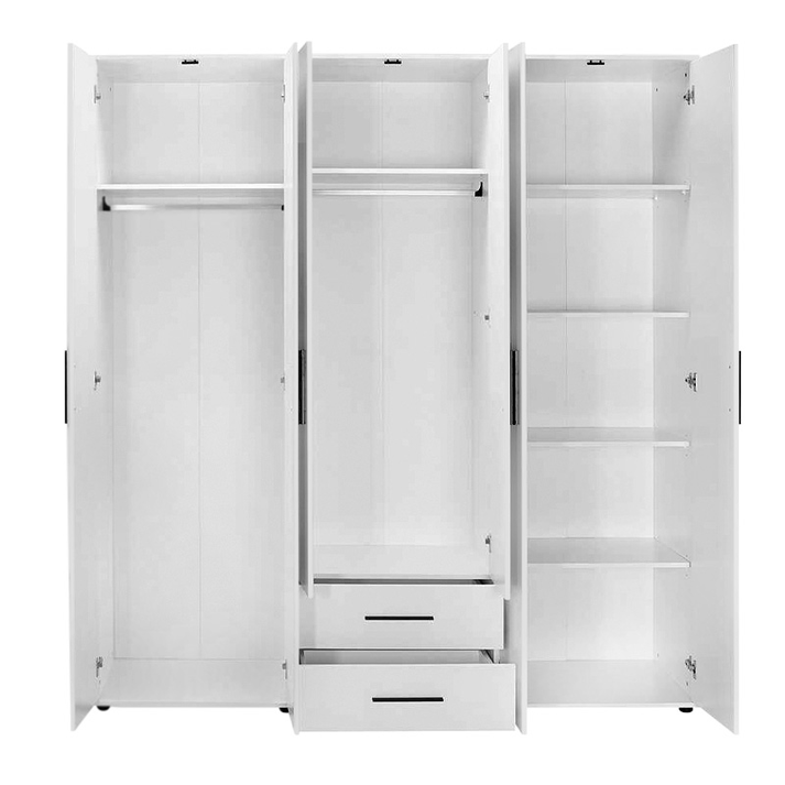 Ντουλάπα ρούχων Bianco εξάφυλλη με συρτάρια χρώμα λευκό 206x52x213εκ.