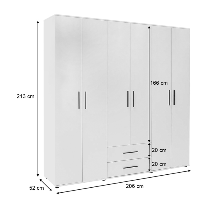 Ντουλάπα ρούχων Bianco εξάφυλλη με συρτάρια χρώμα λευκό 206x52x213εκ.